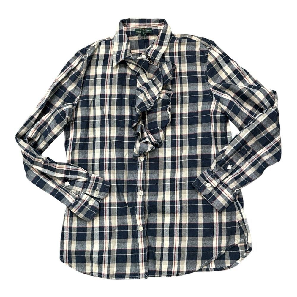 Vintage Y2K LRL Lauren Jeans Co Top Blue Plaid Ruffle Cottagecore Flannel Medium